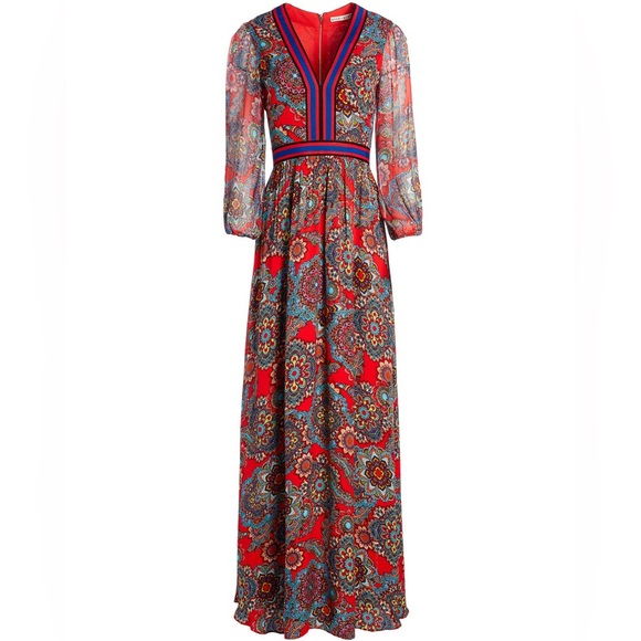 Alice + Olivia Jaida Ember Deep V Blouson Maxi Dress Poppy Multi Size 6